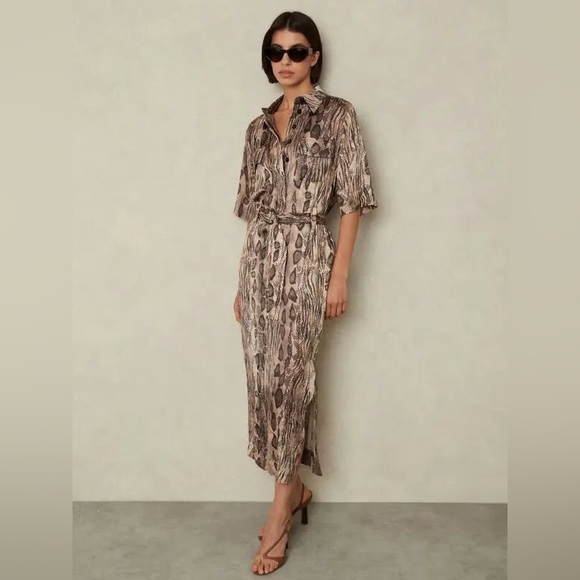 Reiss Dresses & Skirts - Reiss Women’s Farah Snake Print Belted Midi Dress Size‎ 6 NWT Brown Tan
